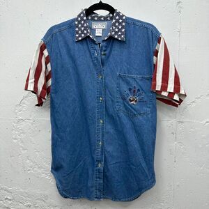 90s Grandma Core Blue Denim Button Up with American Flag and Teddy Bear